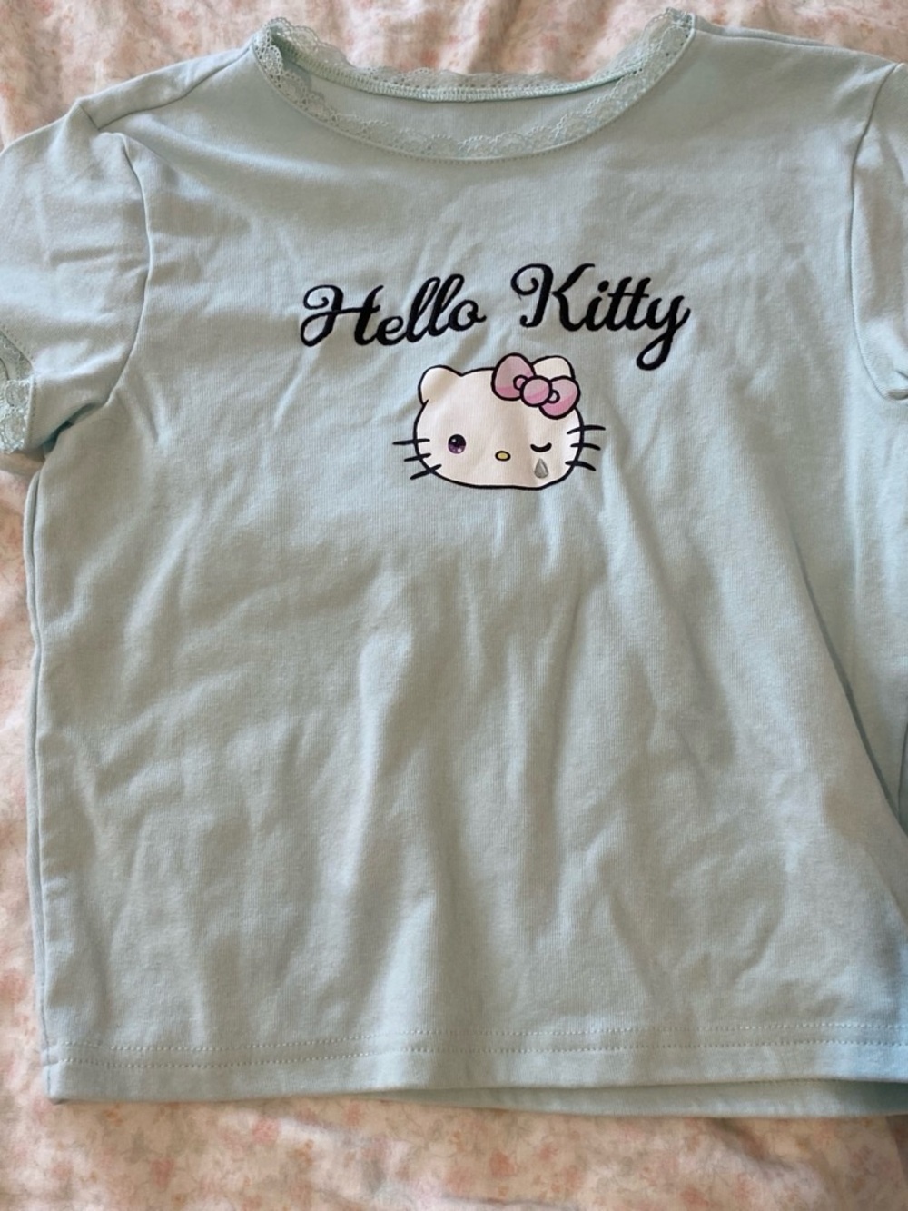 Hello Kitty Baby Blue Tee with Embroidered Logo and Pink Bow